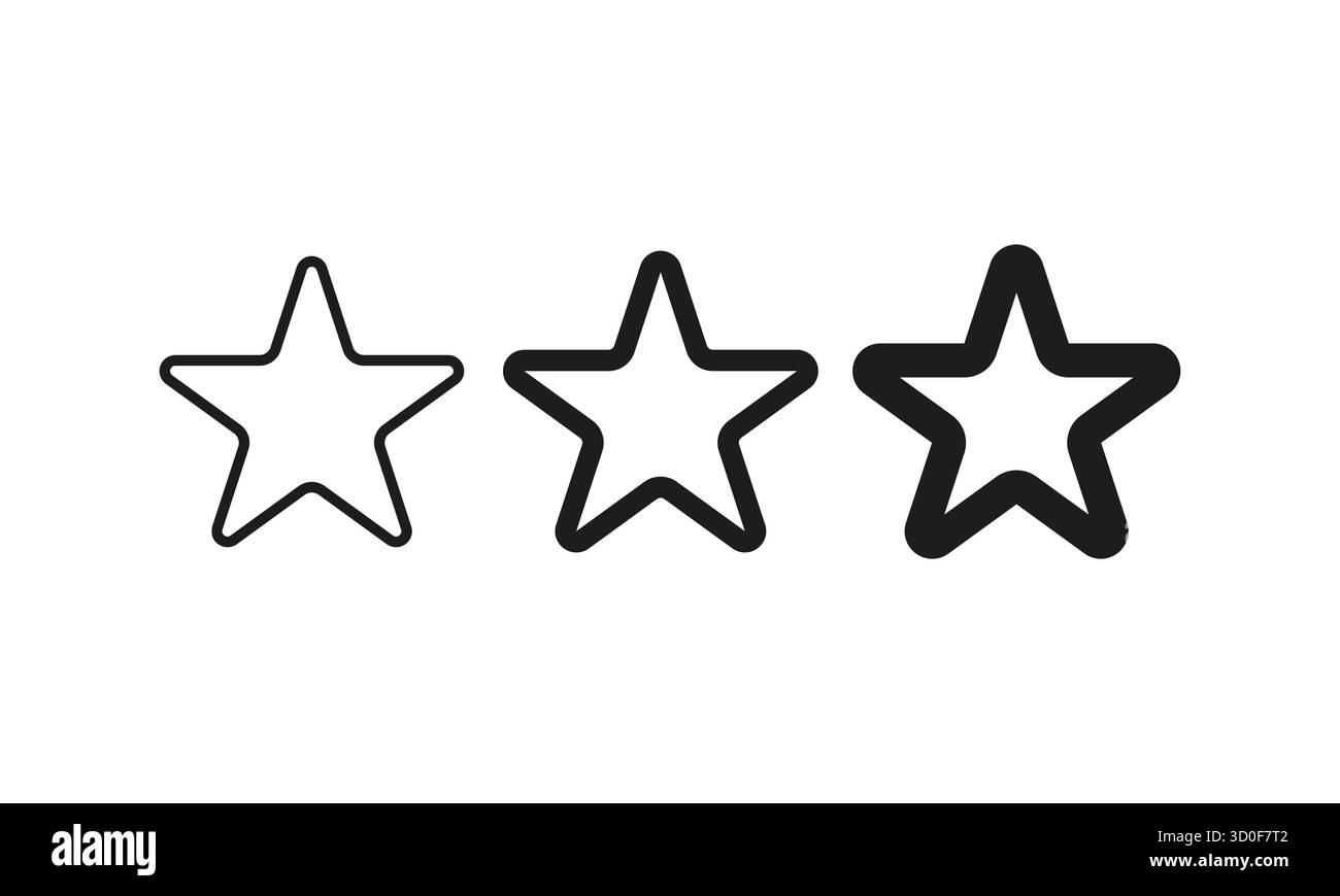 Umrissene Sternensymbole – dünne bis dicke Strichstärke Trio. Sternvektorsymbole und -Symbole. Umrissene Sternensymbole auf weißem Hintergrund Stock Vektor