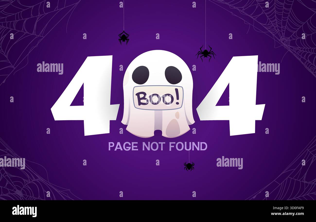 Halloween 404 Seite nicht gefunden, unbekannter Fehler. Niedlicher Vektor-Zeichentrickgeist mit einem Buh-Schild in großen weißen Zahlen, hängenden Spinnen und subtilen Pfannenstiften Stock Vektor