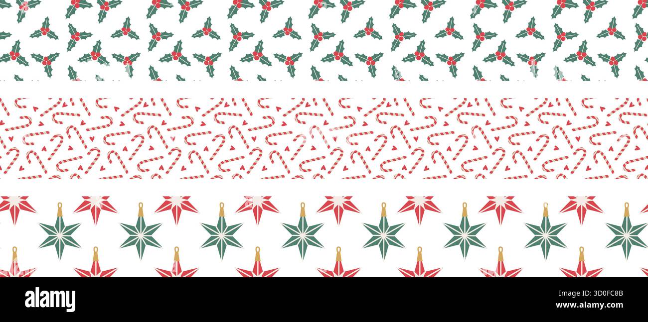 Set mit weihnachtlichen Grenzmustern mit festlichen Elementen - Zuckerrohr und Herzen, weihnachtsschmuck, Winter-stechpalmenbeeren. Einfache minimale geometrische nahtlose Ränder. Stock Vektor