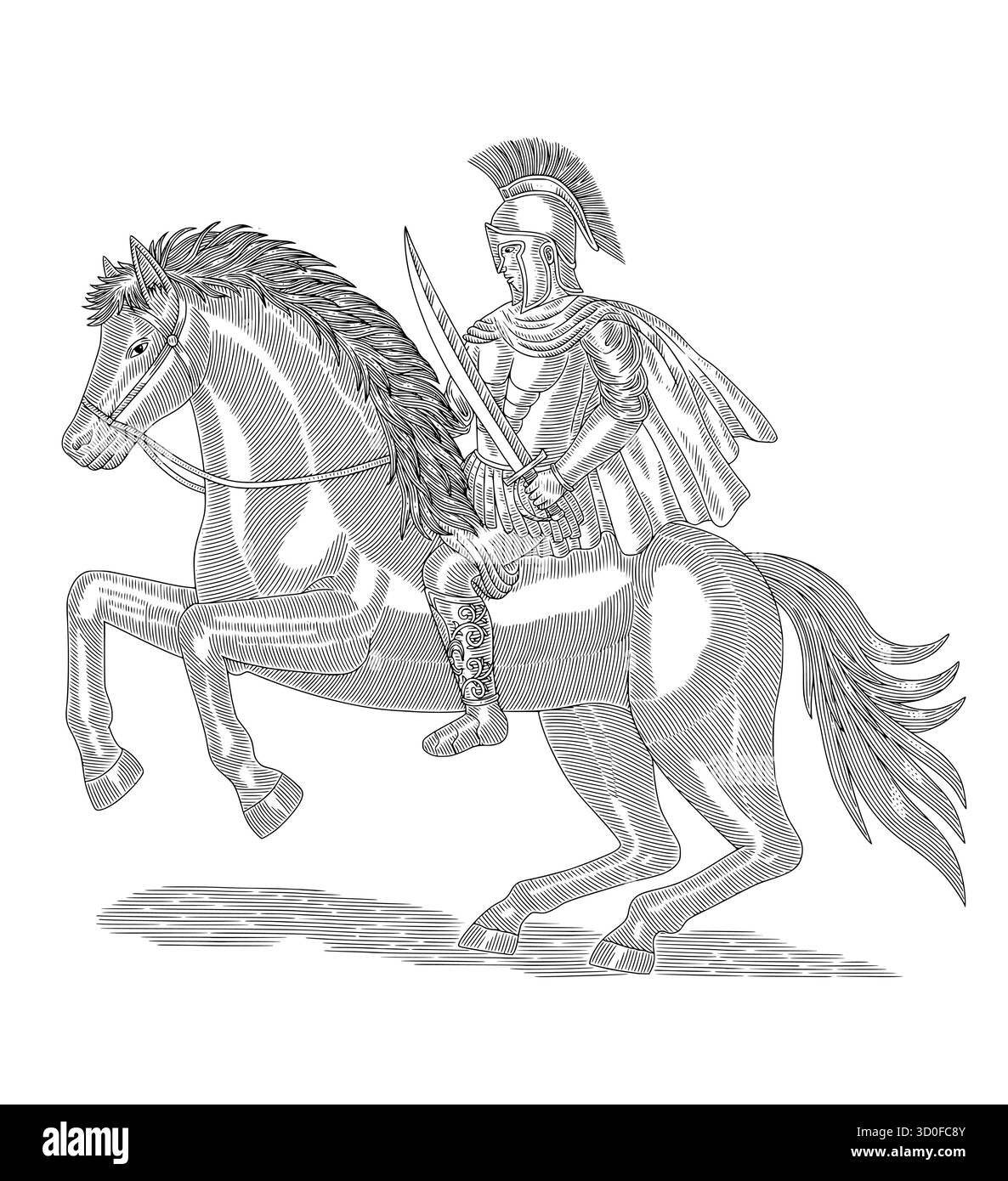 Spartanischer Krieger reitet Pferd mit Schwert, Vintage Gravur Zeichnung Stil Illustration Stock Vektor