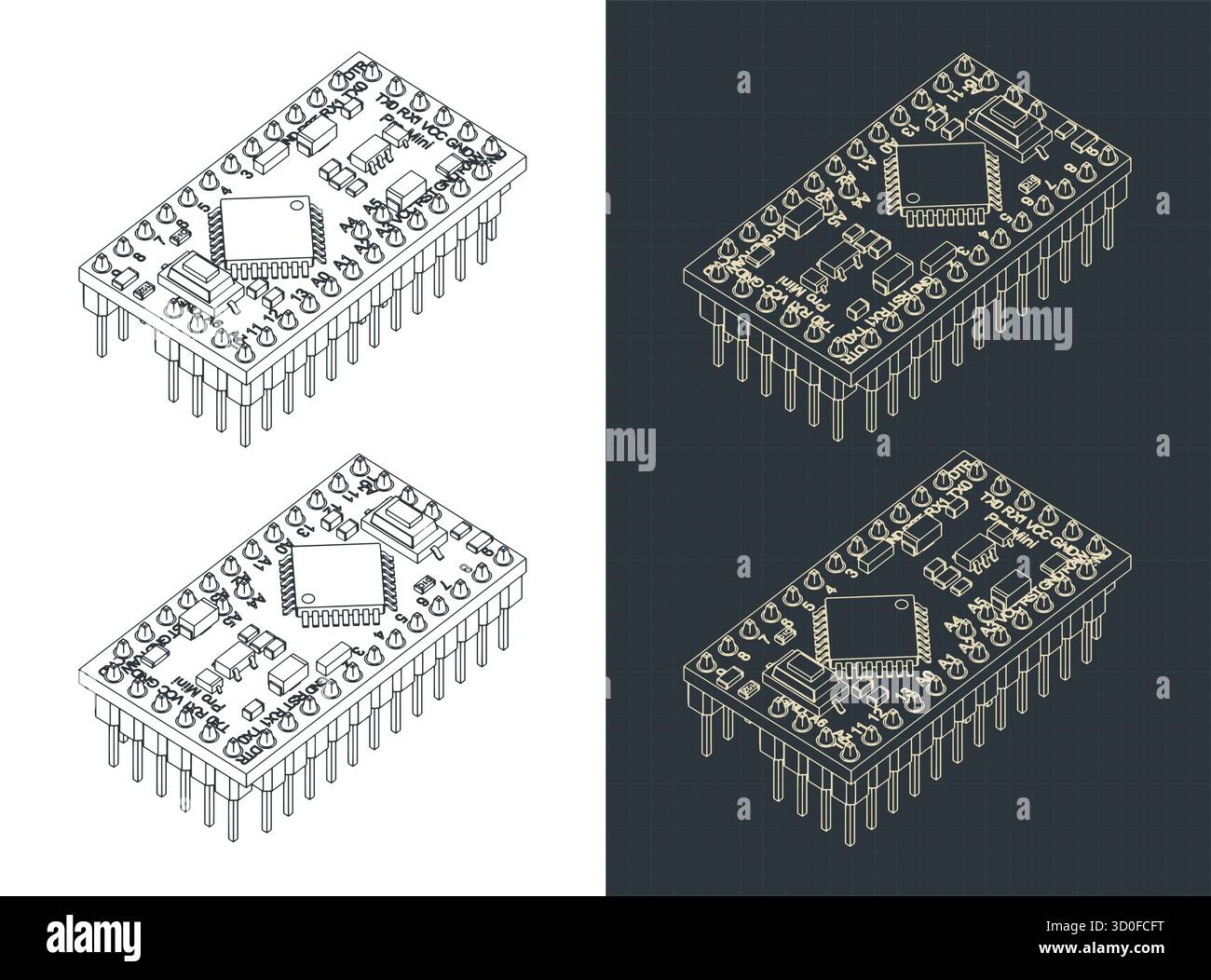 Arduino pro Mini isometrische Zeichnungen stilisierte Vektorabbildungen Stock Vektor