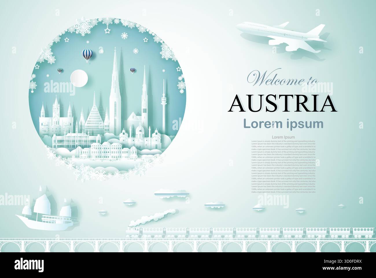 Reisen Sie in Österreich, ein Denkmal aus der alten Architektur und der Burg mit einem Happy New Year, einer Werbevorlage für das Reiseunternehmen Österreich und berühmten Wahrzeichen mit Stock Vektor