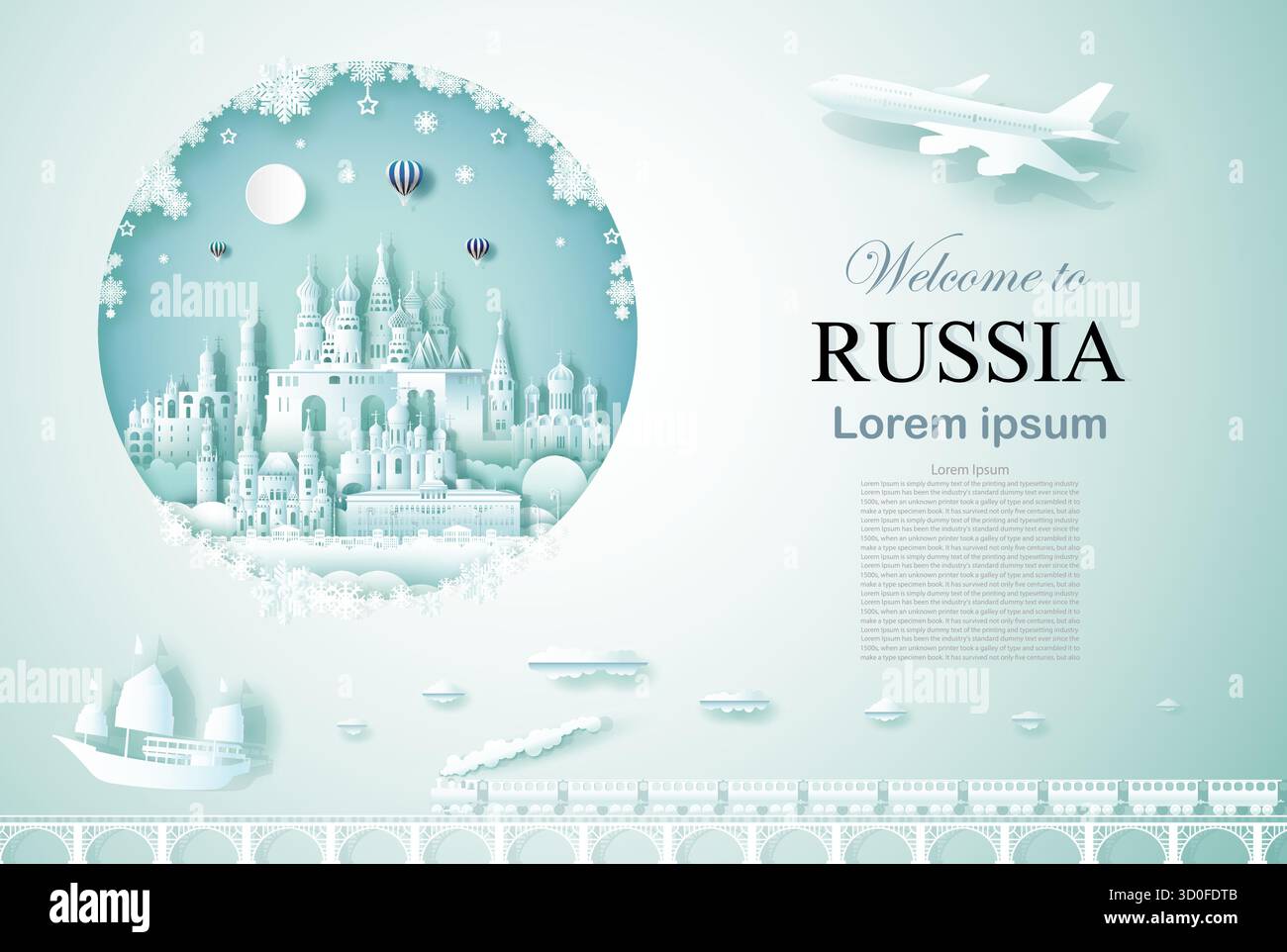 Reisen Sie Russland altes Denkmal und Schlossarchitektur mit Happy New Year, Werbevorlage für Reiseunternehmen Russland und berühmte Wahrzeichen mit p Stock Vektor