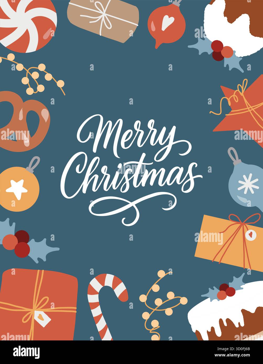 Eine Silvester-Kartenschablone mit „Merry Christmas“-Schriftzug. Vektorabbildung von Feiertagsattributen. Handgezeichnete Geschenke, Weihnachtsgebäck, Girlanden und Weihnachtsbaumkugeln auf dunkelblauem Hintergrund. Vorlage für Postkarten, Einladungen und Flyer im Retro-Stil Stock Vektor