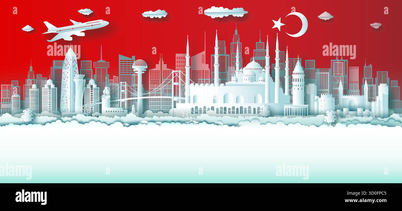 Reisen Sie in die Türkei zu den weltberühmten Städten, alten und Palastarchitekturen. Besichtigen Sie moskau Wahrzeichen von europa mit türkisfarbener Flagge Hintergrund. Moderne Geschäftsbroschüre Stock Vektor