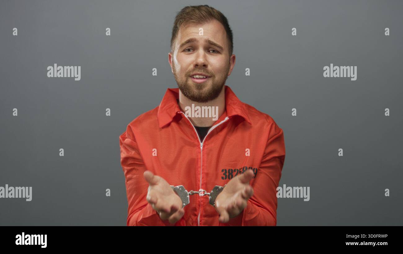 Mann in orangefarbenem Gefangenenanzug mit sichtbaren Handschellen und Händen im grauen Atelier; bittet um Reue. Stockfoto