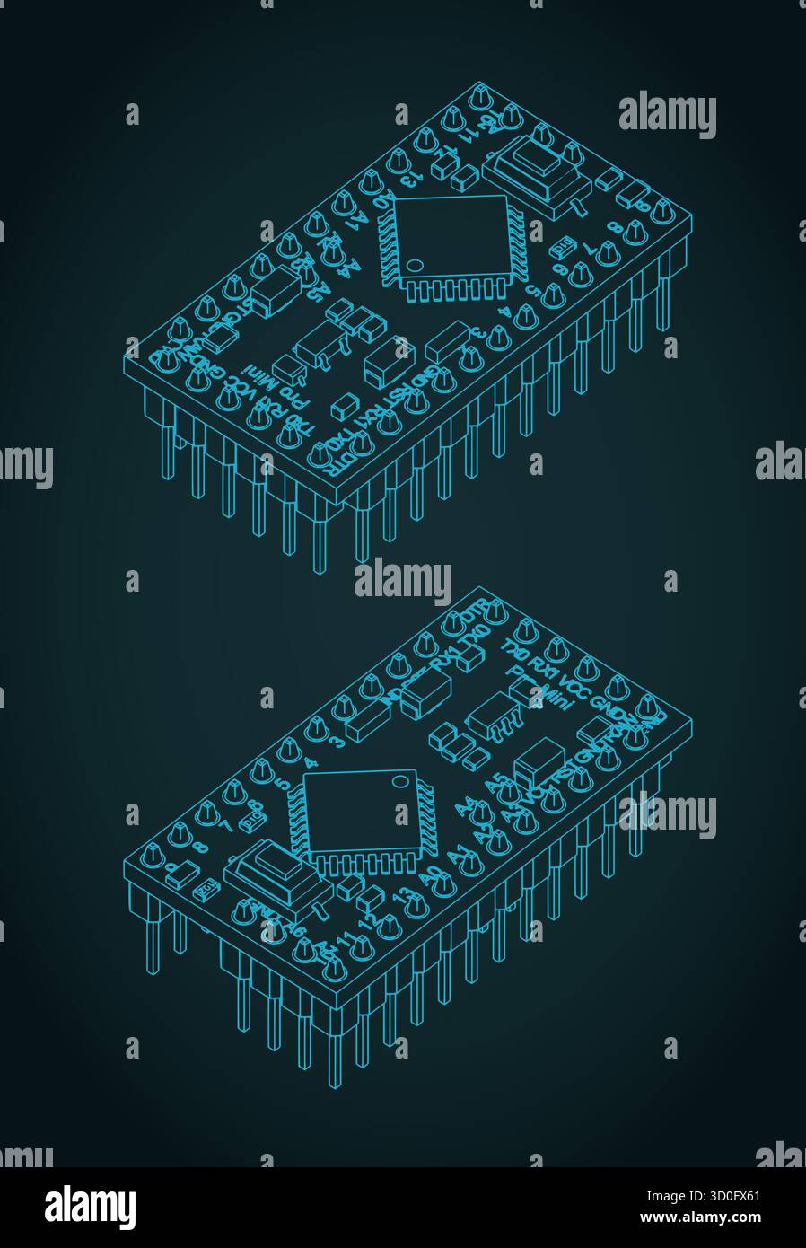 Arduino pro Mini isometrische Blaupausen stilisierte Vektorillustration Stock Vektor