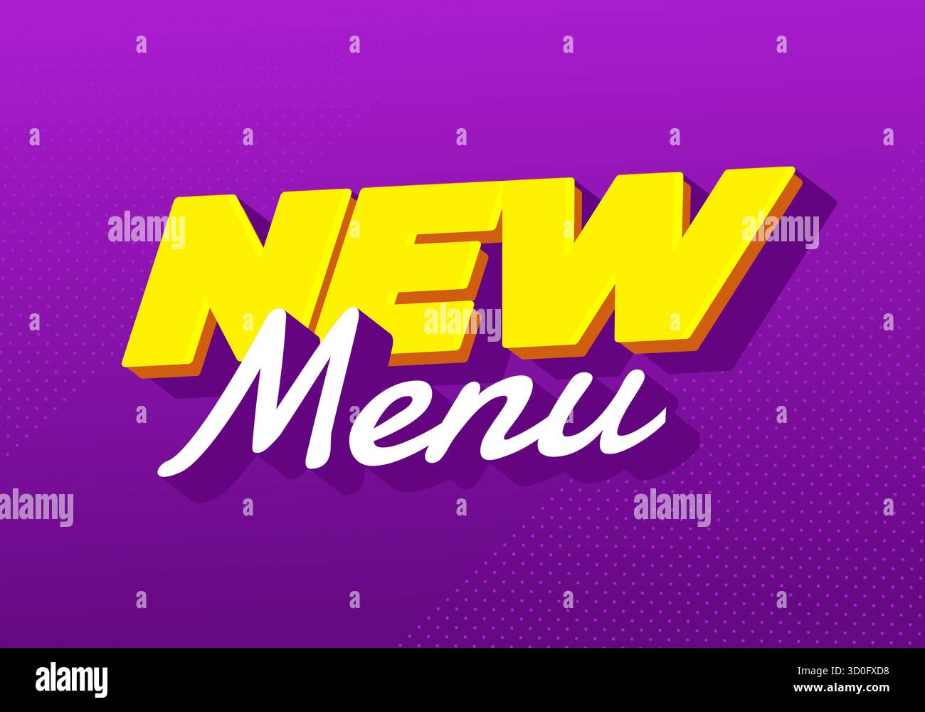 Neues Menü. Stilvolles mehrschichtiges Typografie-Design mit verspielter Schattentiefe Gelb-weiß-Lila Stock Vektor