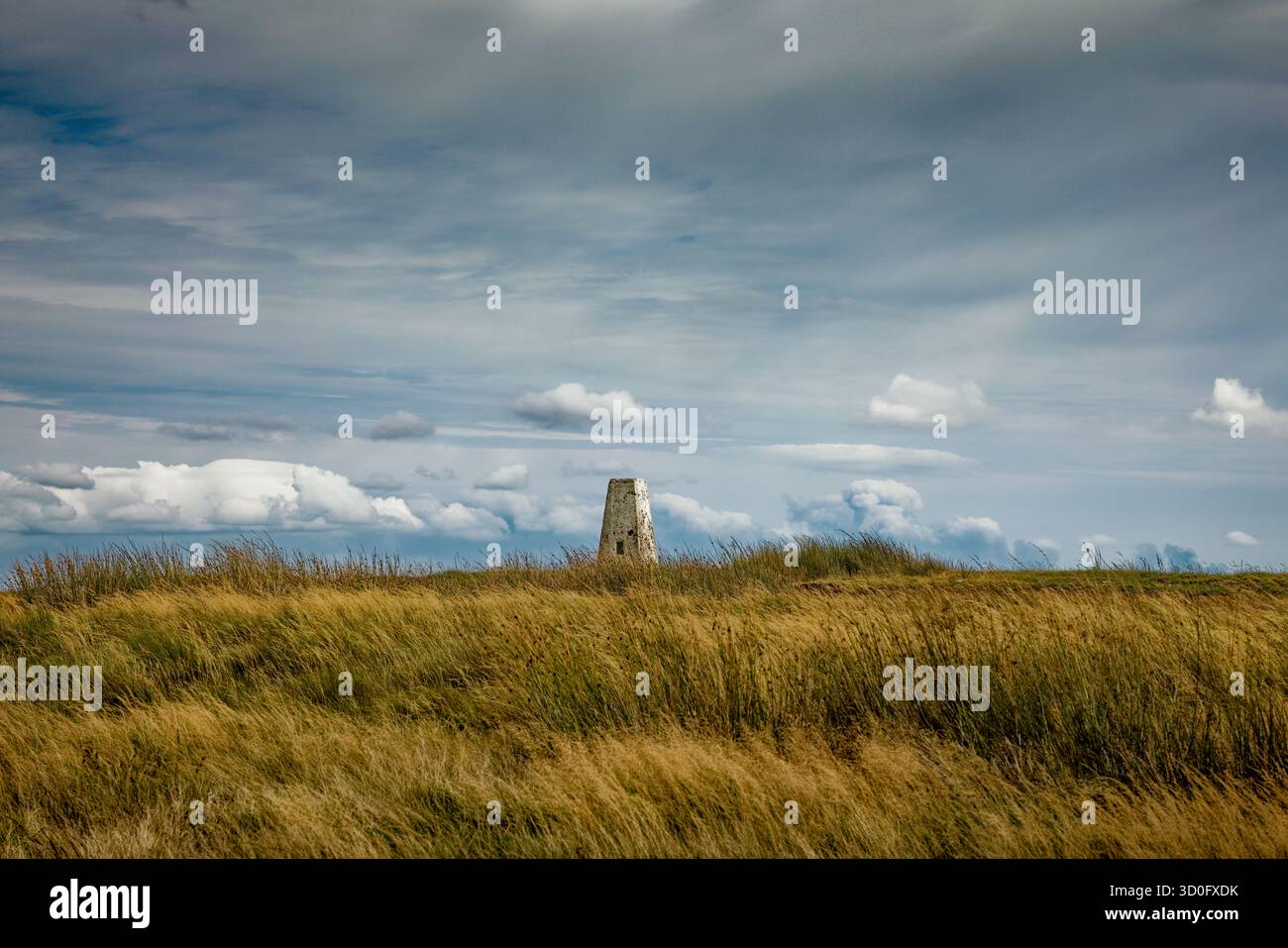 Der OS Trig Point auf dem Gipfel des Great Hameldon Hill in den West Pennines, Burnley, Lancashire. Stockfoto