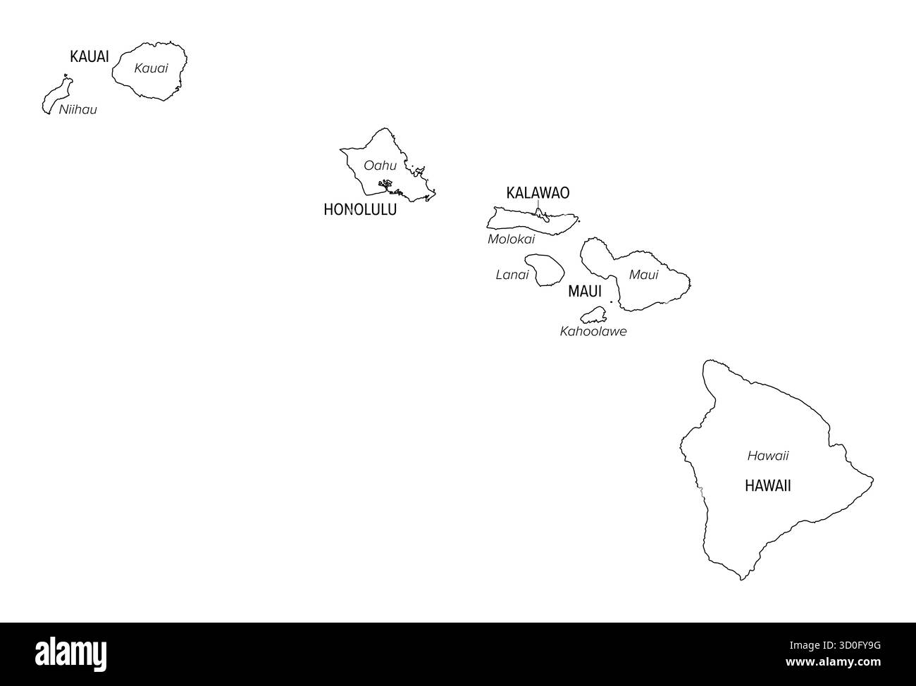 Bundesstaat Hawaii, Grafschaften, Umrisskarte. Inselstaat der Vereinigten Staaten im Pazifischen Ozean, unterteilt in fünf Countys. Stockfoto
