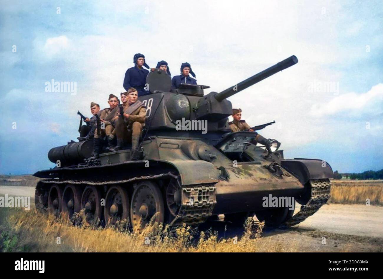 Sowjetischer T-34-Panzer mit Infanterie um 1943. Foto: SIB Stockfoto