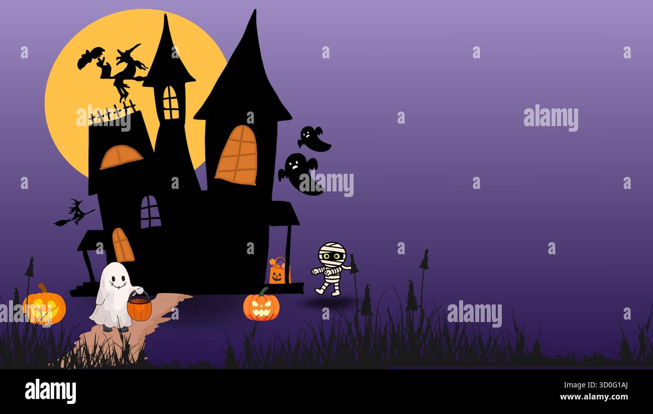 Eine unheimliche Halloween-Haus-Illustration mit gruseligen Dekorationen, glühenden Kürbissen, dunklen Bäumen und einem Vollmond im Hintergrund, Stockfoto