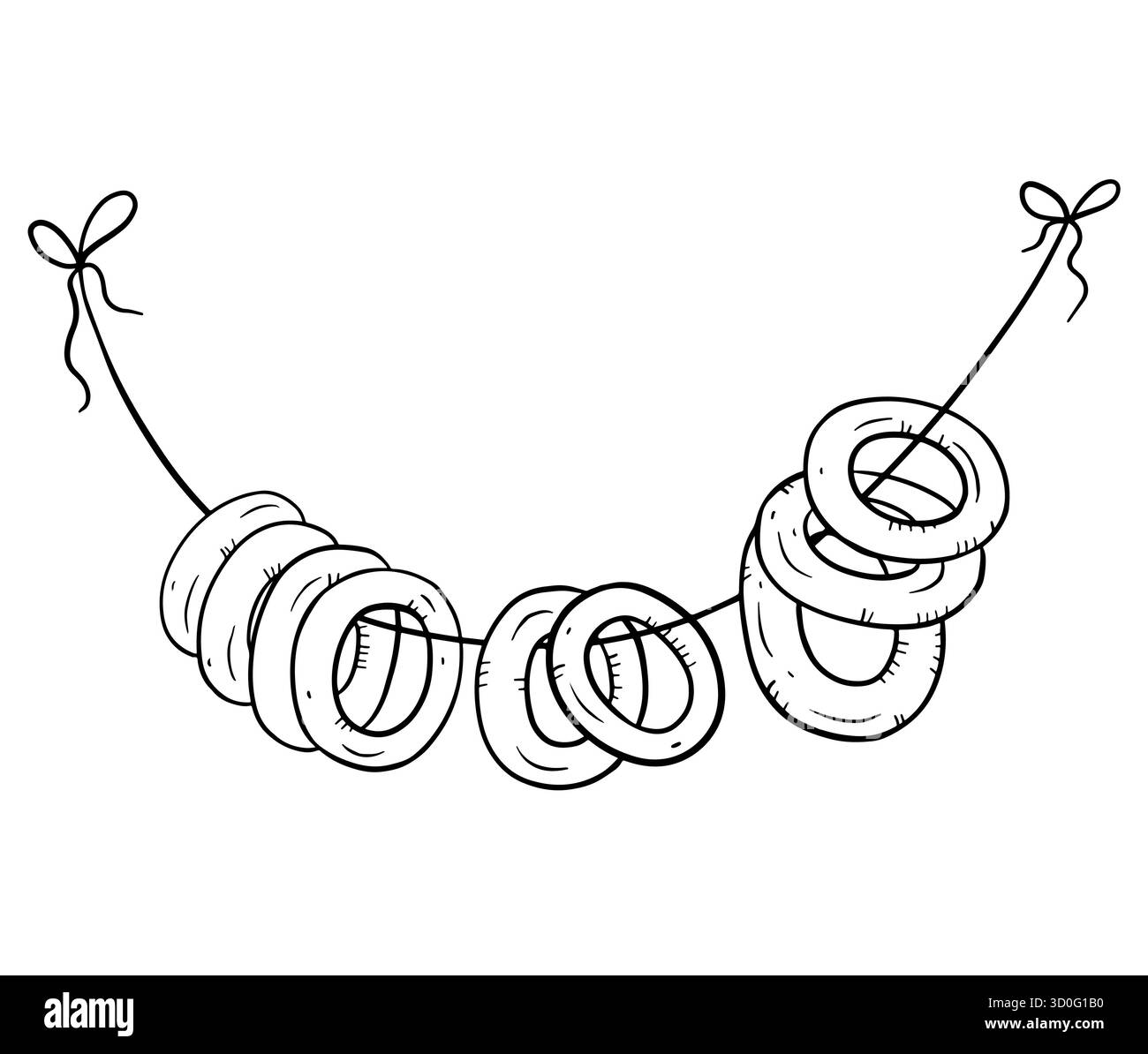 Traditionelle Bagels, die an einer Schnur hängen, in rustikalem handgezeichnetem Skizzierstil. Kulturelle Bäckerei Zeichnung geeignet für Lebensmittelverpackungen, Café-Branding, Folk fes Stock Vektor