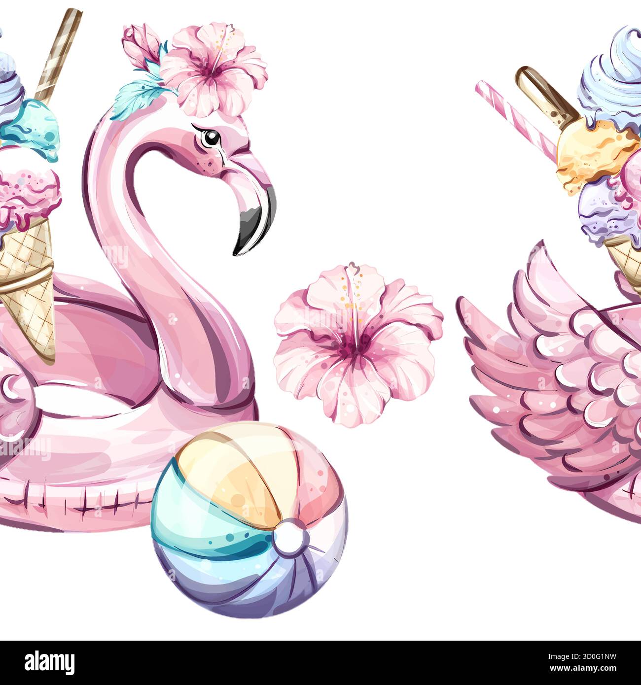 Die Hintergrundtapete mit leuchtenden nahtlosen Mustern zeigt Sommerferienmotive mit erfrischendem Eis, Strandball und verspielten Flamingodekorationen Stock Vektor