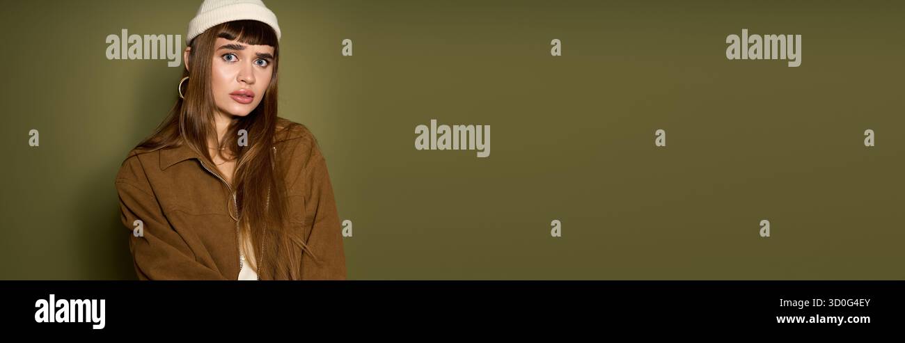 Selbstbewusste junge Frau steht anmutig in einem gemütlichen Outfit mit weichem Ausdruck und stilvollem Hut. Stockfoto