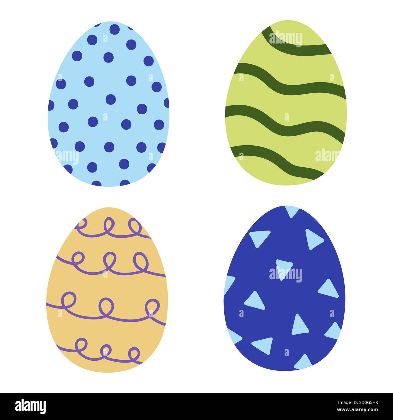 Vier wunderschön dekorierte Eier in verschiedenen Farben und Mustern sitzen vor weißem Hintergrund, ideal für festliche Feste und saisonales Kunsthandwerk. Stock Vektor
