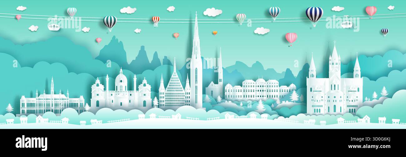 Reisen Sie durch antike Architektur Österreichs Wahrzeichen berühmte Stadt europas mit grünem Hintergrund, reisen Sie durch wien mit Ballons populäre Geschichte Stock Vektor
