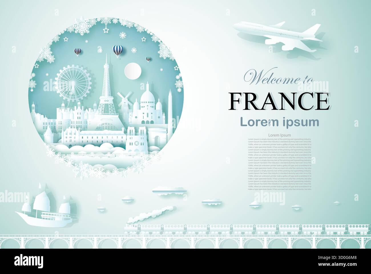 Reisen Sie Frankreich, altes Denkmal und Burg Architektur mit Happy New Year, Werbevorlage für Reiseunternehmen Russland und berühmte Wahrzeichen mit p Stock Vektor