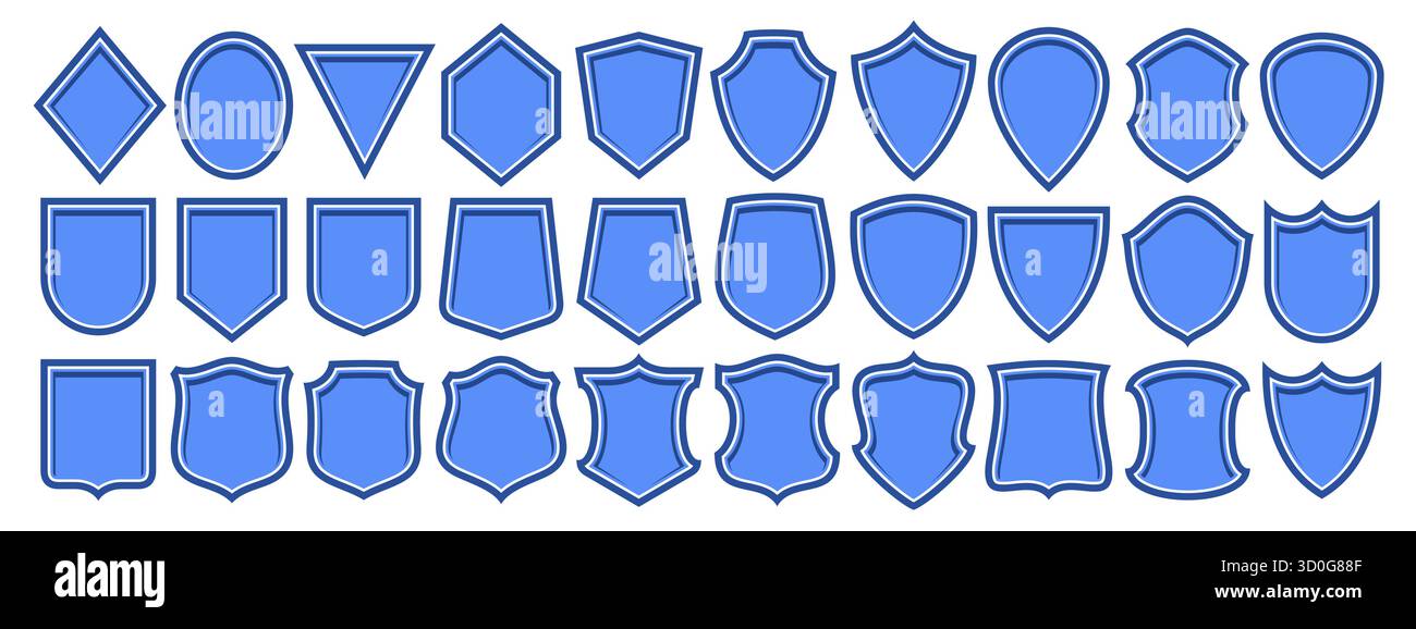 Vector Shield Symbol Set, Sammlung von 30 Illustrationen verschiedene alte Schilde für Retro-Schilder oder Zertifikate, Gruppe von verschiedenen Schildlayouts mit Stock Vektor