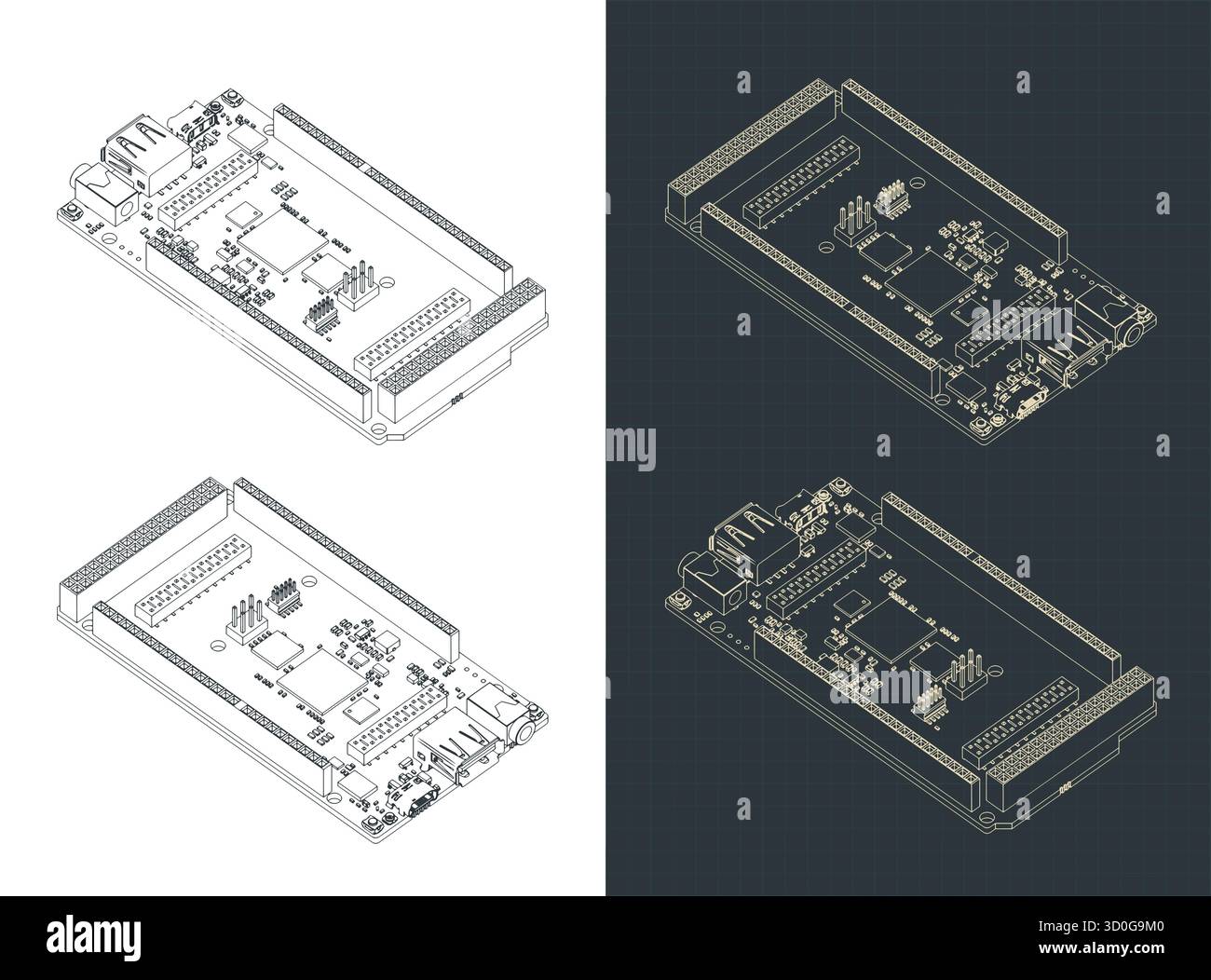 Arduino Giga r1 wifi isometrische Zeichnungen stilisierte Vektorabbildungen Stock Vektor