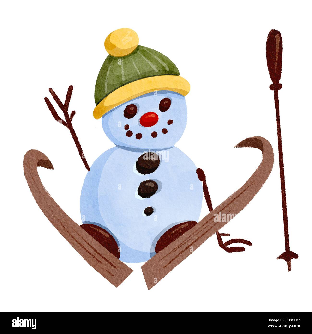 Lustiger Schneemannskier mit grünem Hut. Handgezeichnete Aquarellillustration. Stockfoto