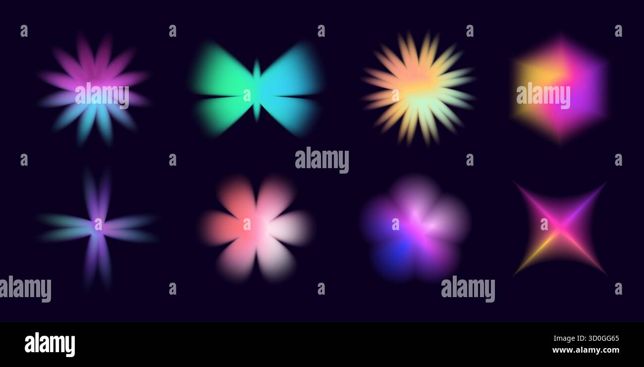 Abstrakte Verlaufsblumen und Sterne in Neonrosa und Blautönen. Glänzende holografische Y2K-Symbole mit sanfter Aura und fließendem Glühen. Perfekt für moderne Ästhetik Stock Vektor