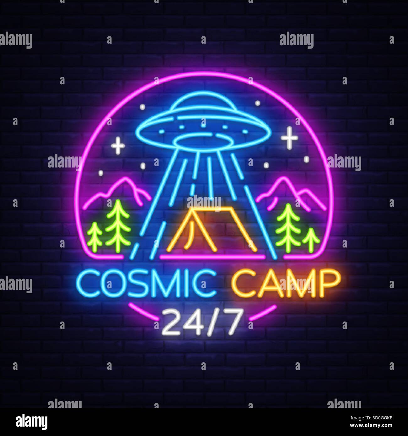 Leuchtendes Neonsymbol eines UFO über einem Campingzelt mit Text Cosmic Camp 24 7. Nächtlicher Wald und Berge runden die kosmische Szene ab. Vektorabbildung Stock Vektor