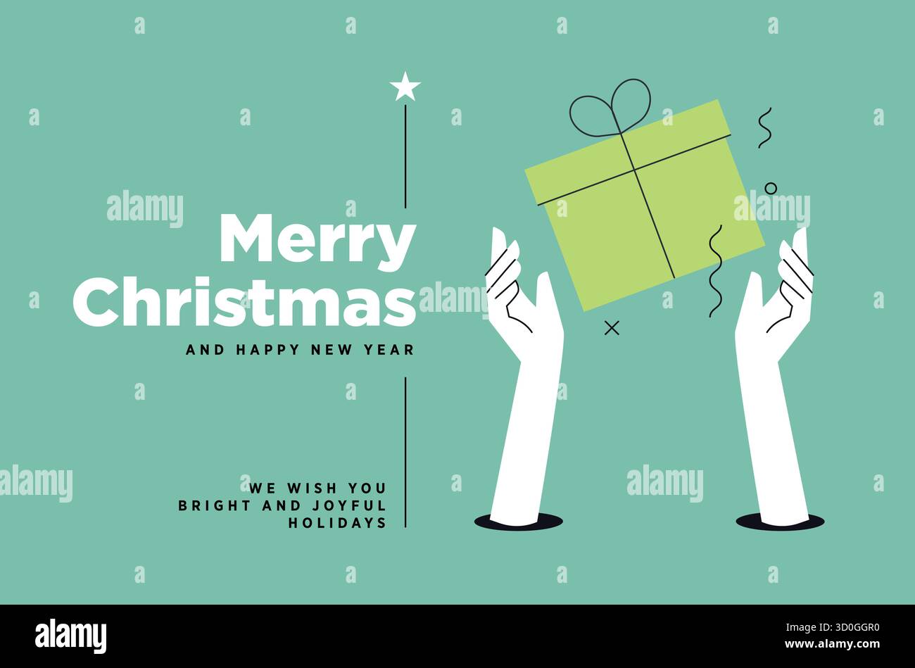 Feierliche Feierlichkeiten: Minimalistischer Weihnachts- und Neujahrsgruß mit skurrilen Händen und Geschenkbox Stock Vektor