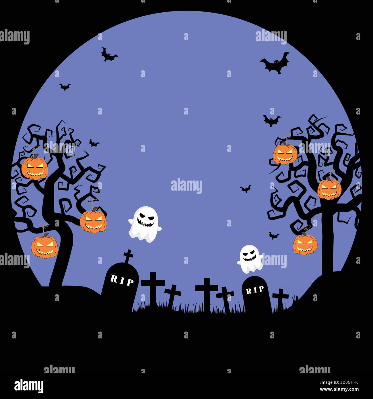 Tote Bäume auf Haunted Friedhöfen und gruselige Kürbisse hängen an Bäumen Stock Vektor