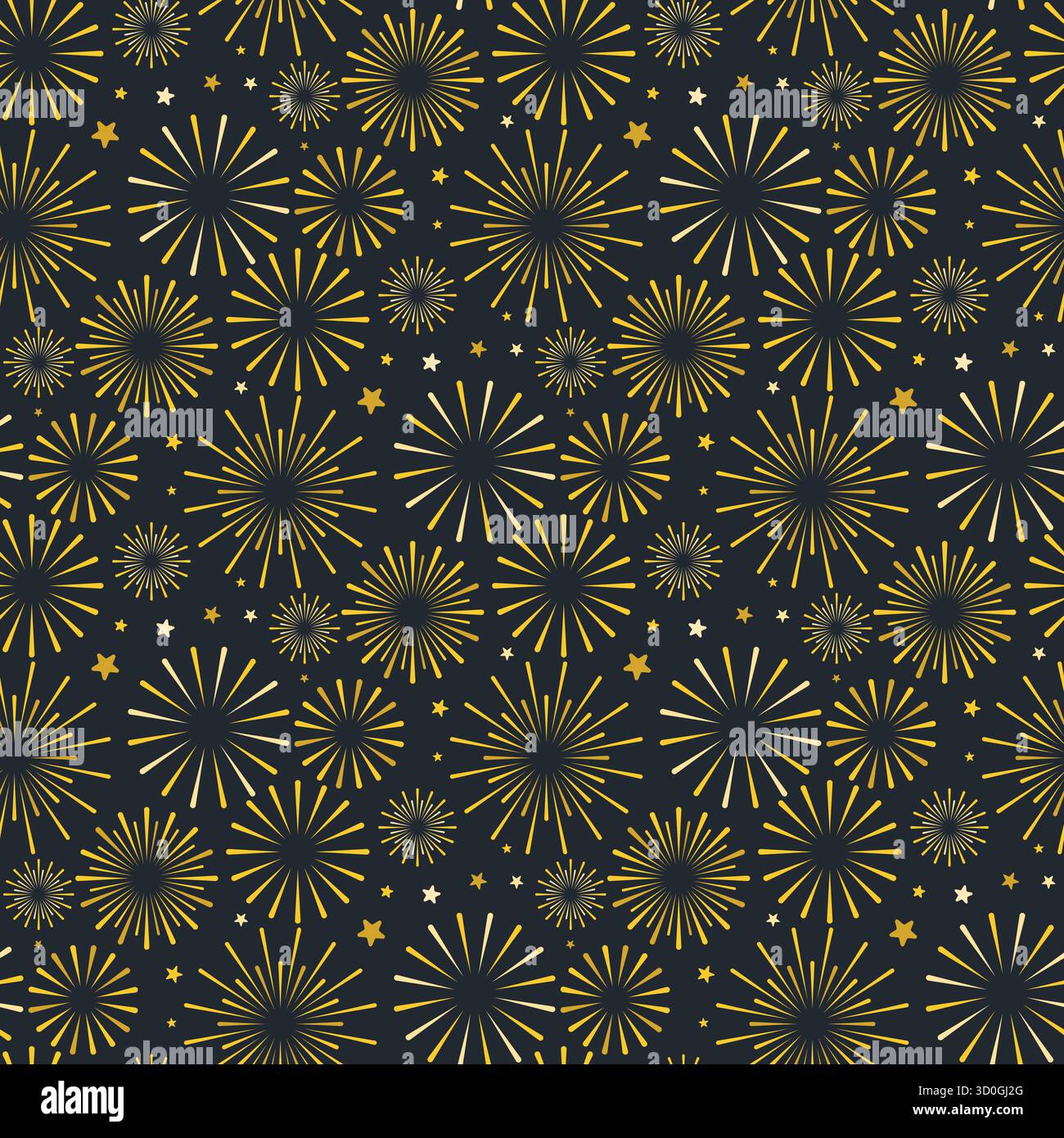 Helles Feuerwerk Explosionen vor dunkelblauem Nachthimmel nahtloses Muster. Hintergrund mit goldenen Feuerwerksexplosionen. Festlicher Druck für Textilien Stock Vektor