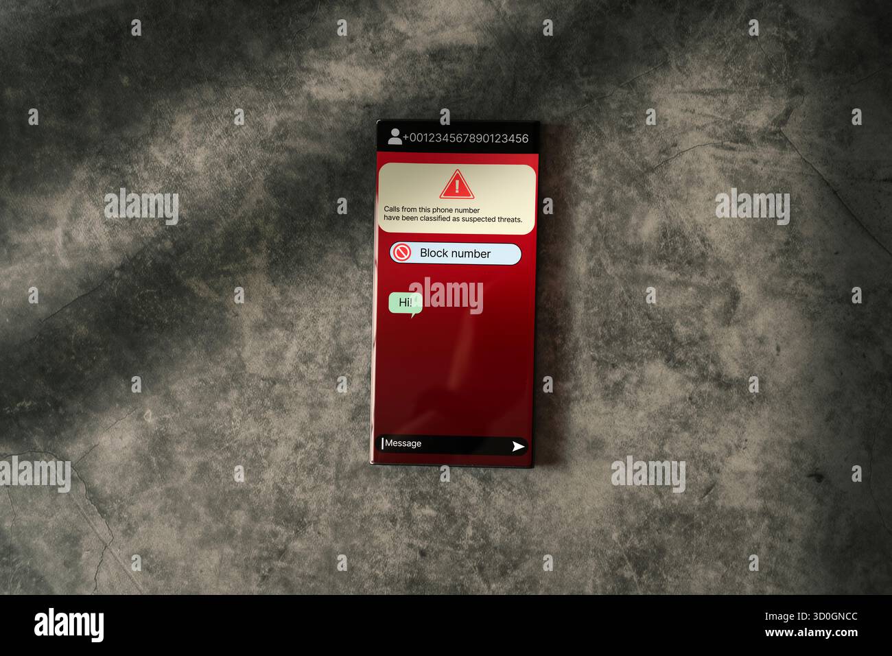 Smartphone empfängt Phishing-Nachrichten über mutmaßlichen Rufnummernbetrug. Unerwünschter anonymer Anruf und Nachricht. Betrugs- und Betrugstelefonkonzept. Stockfoto