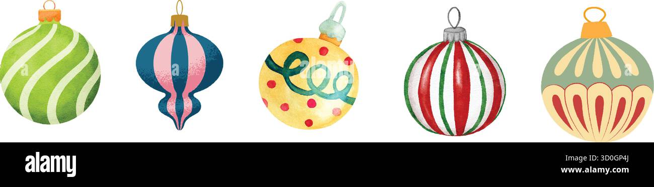 Set aus Vintage-Weihnachtskugeln, perfekt, um Ihren Weihnachtsmotiven einen Hauch Nostalgie zu verleihen Stock Vektor