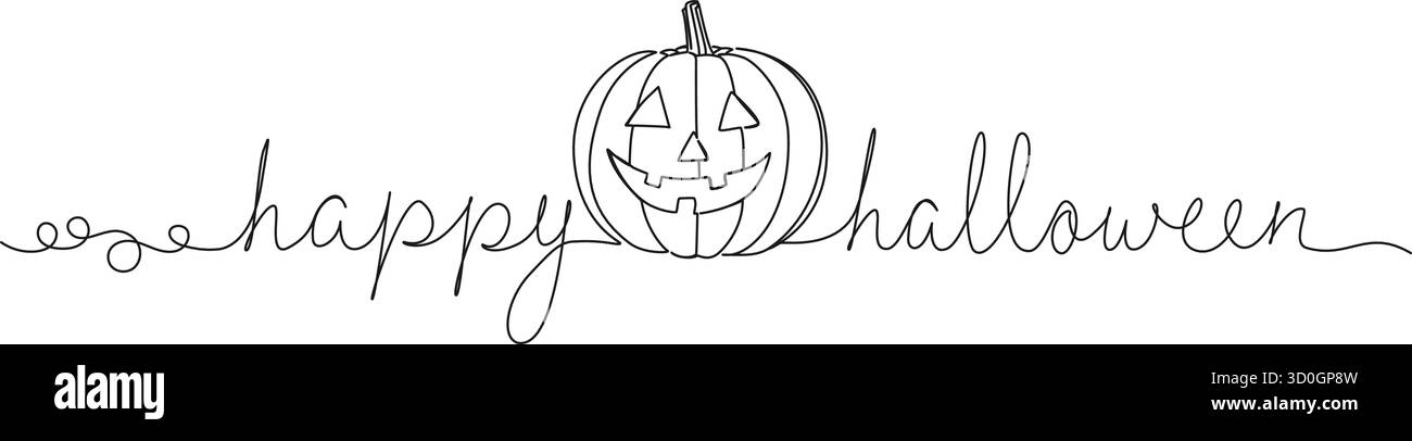 Kontinuierliche einzeilige Zeichnung von Jack-o-Laterne halloween Kürbis mit Text Happy halloween, Linie Art Vektor Illustration Stock Vektor