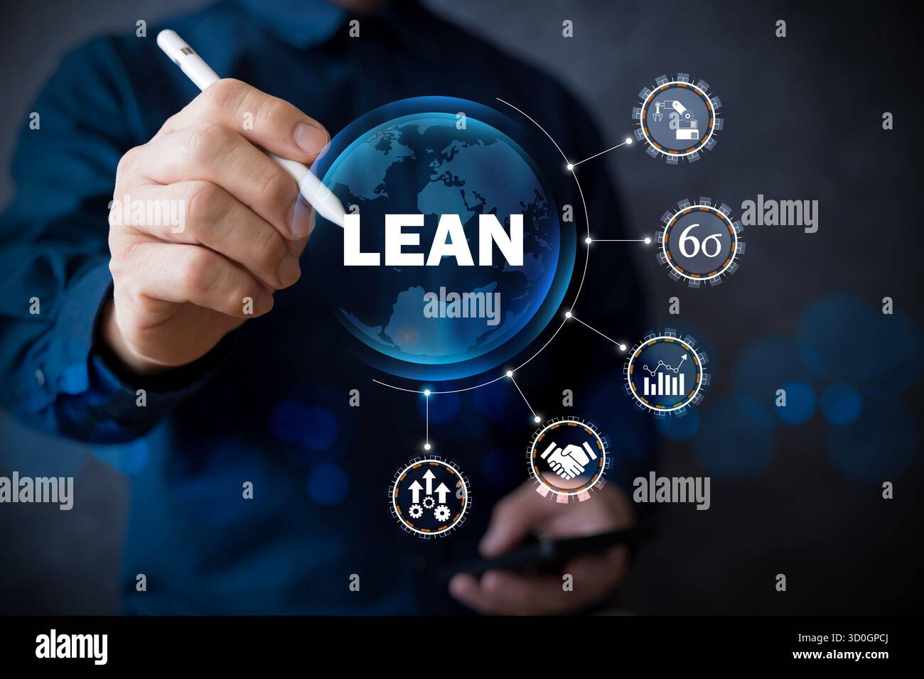 Konzept des schlanken Managements und der Six-Sigma-Methodik zur Verbesserung von Geschäftsprozessen, die digitale Schnittstelle mit Effizienzsymbolen, Produktivität, Stockfoto