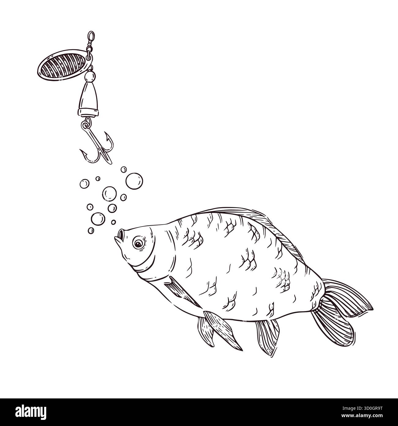 Fischen auf Flussfische mit einem Haken, einem großen Karpfen, Luftblasen, einem Haken mit einem Löffel zum Fangen von Fischen. Alle Objekte werden von Hand mit Tinte gezeichnet. Für Stock Vektor