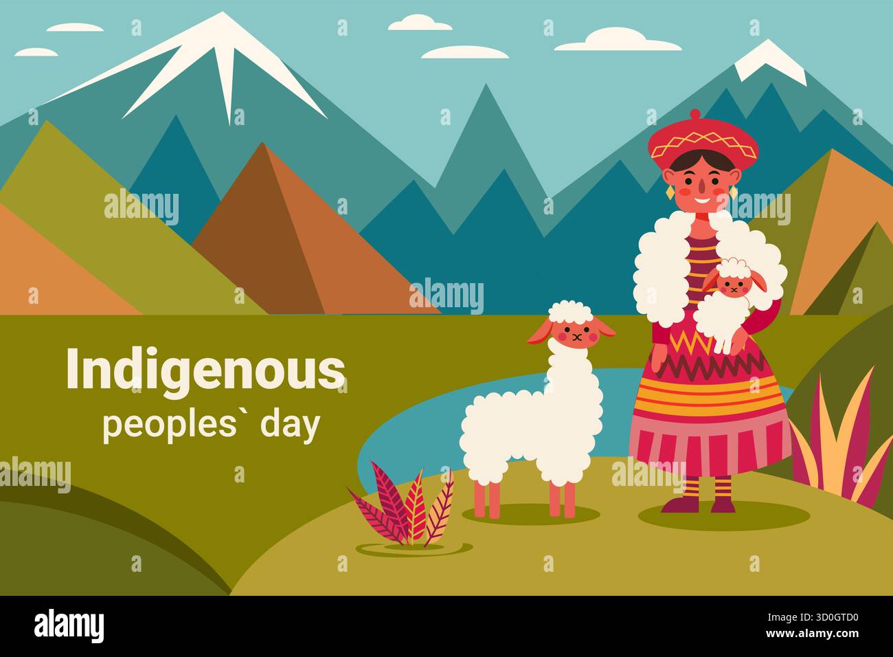 Flache Illustration einer einheimischen Andenfrau in traditioneller Kleidung. Ideal für kulturelle oder kulturelle Designs. Stock Vektor