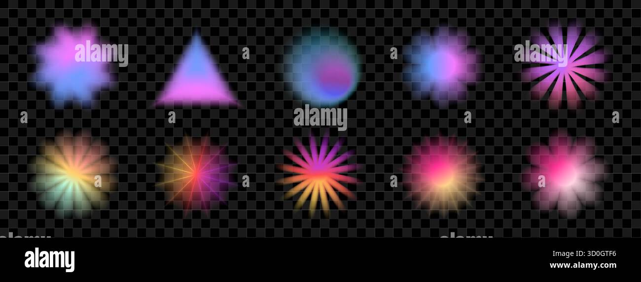 Trendige Y2K-Blumenverläufe mit transparentem Unschärfe und holografischem Glanz. Niedliche Rosa- und Lila-Töne mit Retro-Symbolen. Ideal für Poster, Aufkleber Stock Vektor
