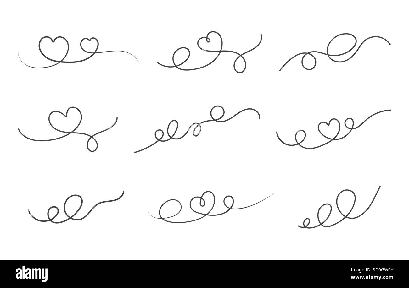 Herzlinienbündel, Herzlinie svg, Herzkritzellinien svg, Herzlinie Silhouette, Herztext Trennlinie svg, handgezeichnete Doodle Linie svg, Doodle Hearts si Stock Vektor