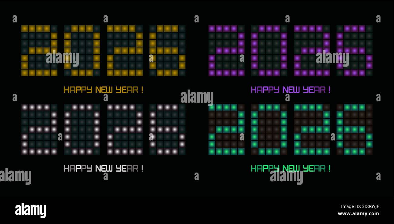 Satz von 2026 digitalen Zahlen auf der Spielanzeigetafel. Farbenfrohes Display, Grußkartenhülle, Kalenderdesign, Einladung zum Neujahr Stock Vektor