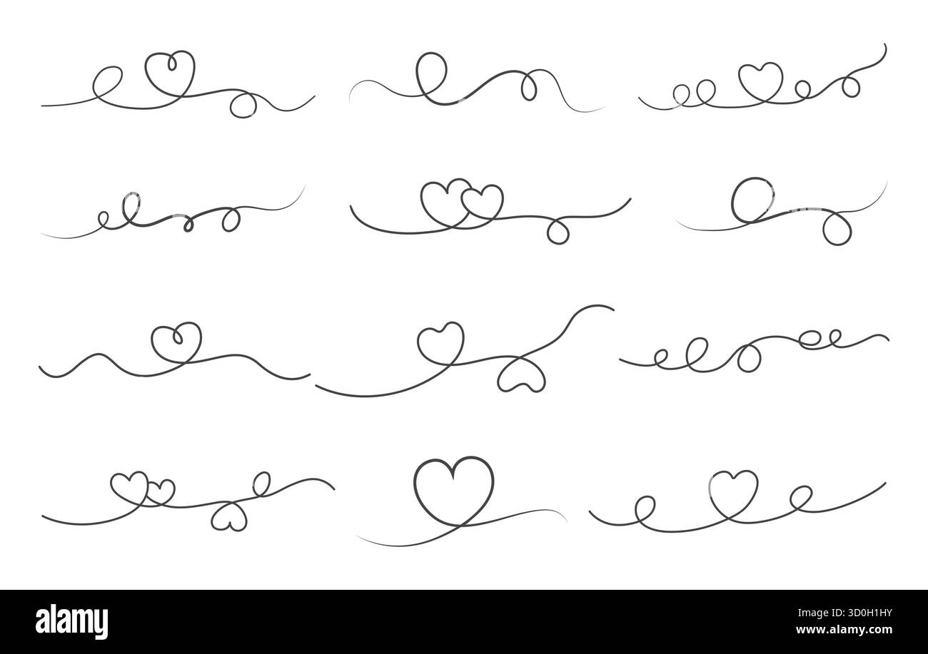 Heart Line svg, Heart Doodle Lines svg, Heart Line Silhouette, Heart Line Bundle, Heart Text Divider svg, Hand gezeichnete Doodle Line svg, Doodle Hearts sv Stock Vektor