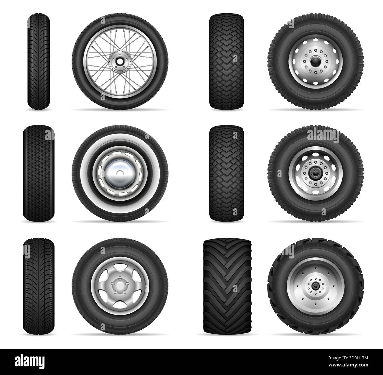 Realistischer Vektorsatz verschiedener Pkw- und LKW-Reifen mit verschiedenen Felgen. Umfasst Seiten-, Front- und Winkelansichten. Perfekt für Automobil-Designs, Anzeigen, Stock Vektor