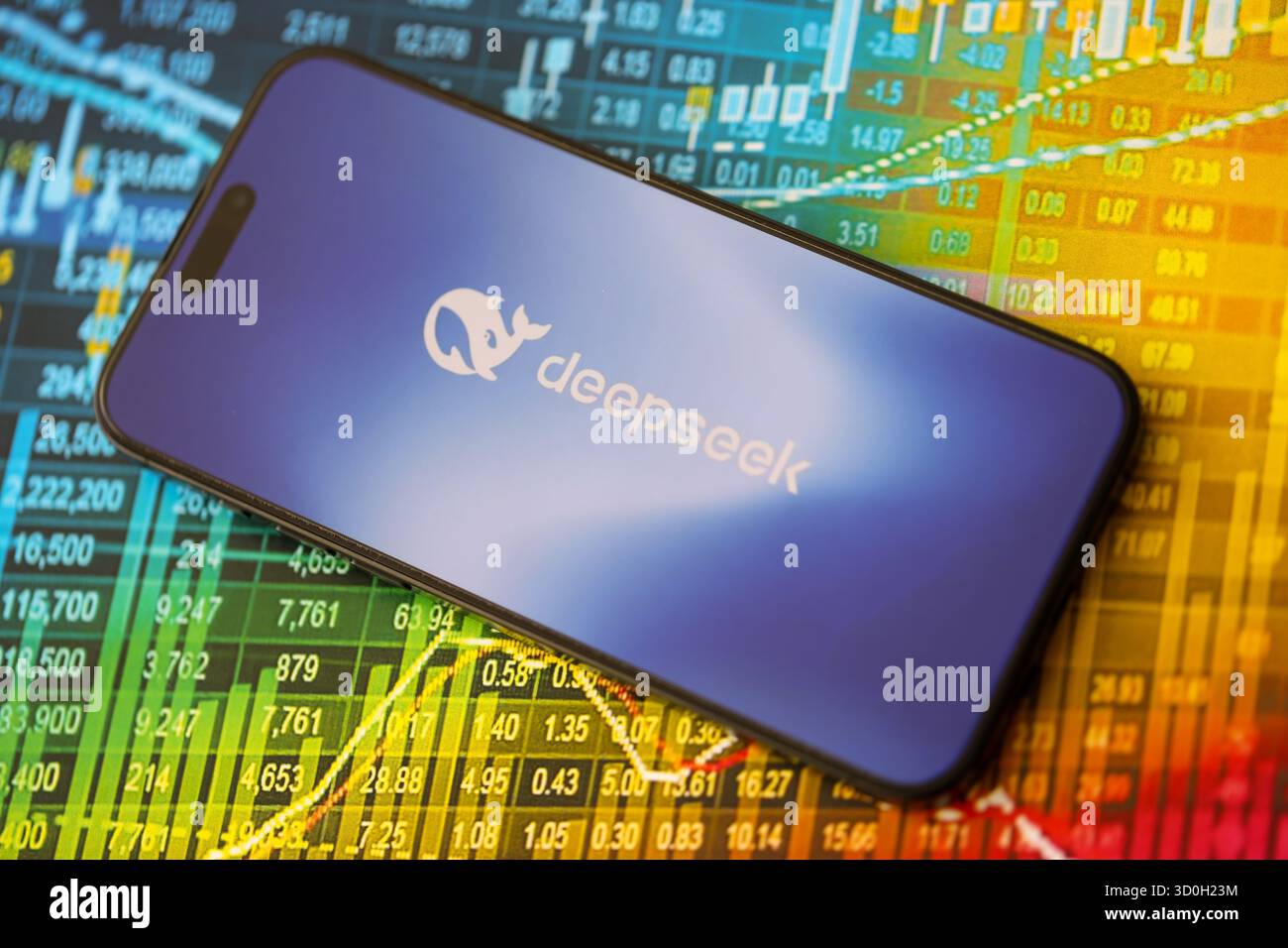 KIEW, UKRAINE – 29. JANUAR 2025 Symbol für das Deepseek App-Logo wird auf dem Smartphone-Bildschirm angezeigt. Chinesische KI-Startup mit der Veröffentlichung fortgeschrittener KI-Modelle Stockfoto