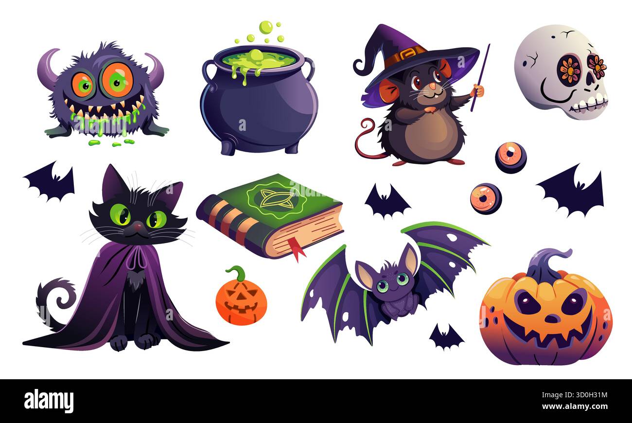 Eine bezaubernde Sammlung von Halloween-Illustrationen mit niedlichen Monstern und legendären saisonalen Symbolen Stock Vektor