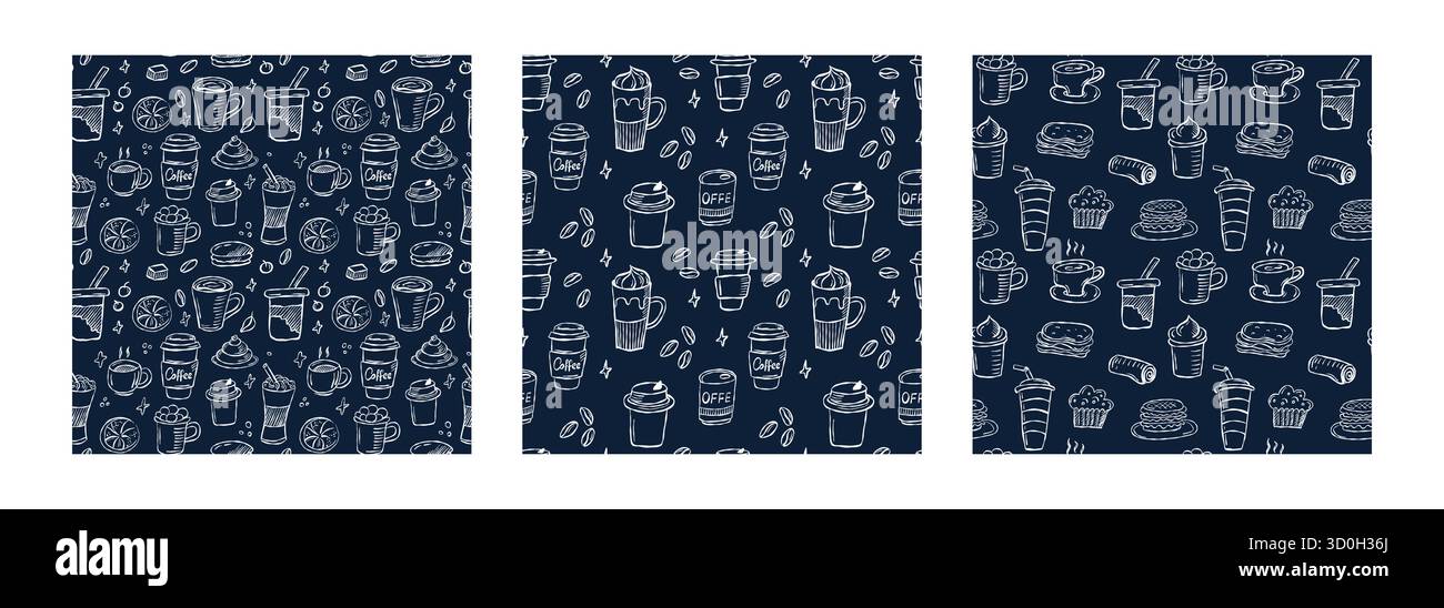 Nahtloses Kaffeemuster im Schwarz-weiß-Kritzelstil mit Tassen, Bohnen und Töpfen, ideal für das Branding und Design von Cafés. Stock Vektor