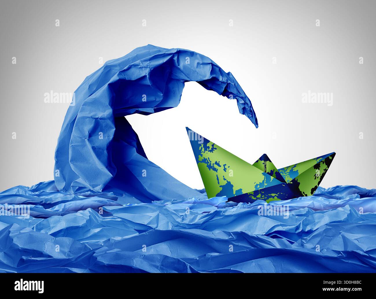 Globale wirtschaftliche Gefahr und internationales finanzielles Risiko als Papierboot, das die Weltwirtschaft in einem Geldsturm repräsentiert, als Geschäftsmetapher von f Stockfoto
