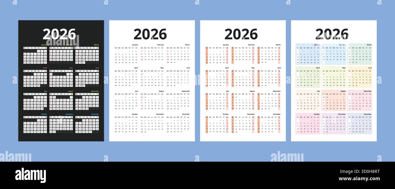 2026 Wandkalender-Vektor in modernem minimalistischem Design, klare jährliche Layoutvorlagen in Pastellfarben, dunklen und neutralen Farben Stock Vektor