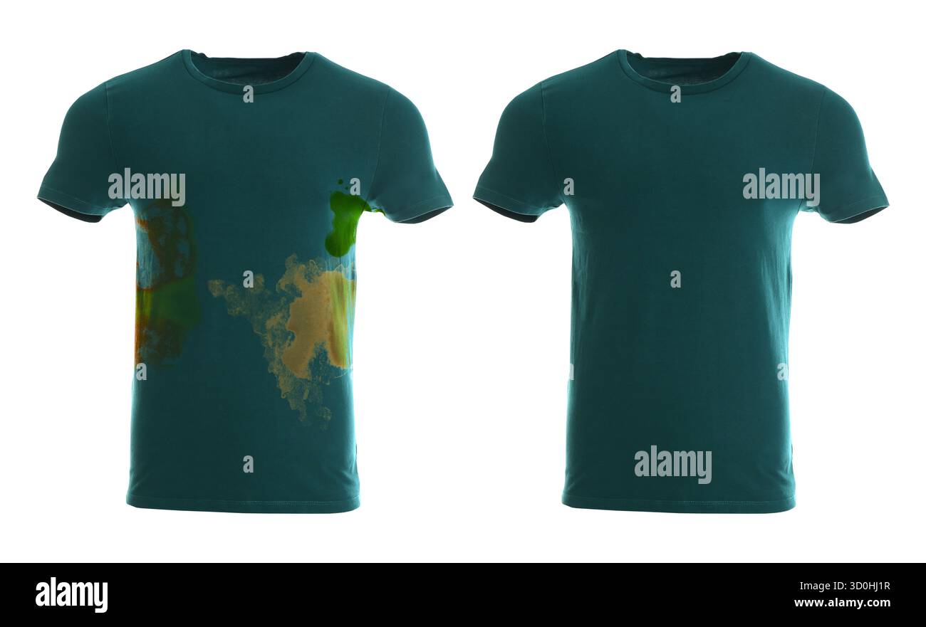 Reinigungsservice. Schmutziges und sauberes T-Shirt auf weißem Hintergrund, Collage vorher und nachher Stockfoto