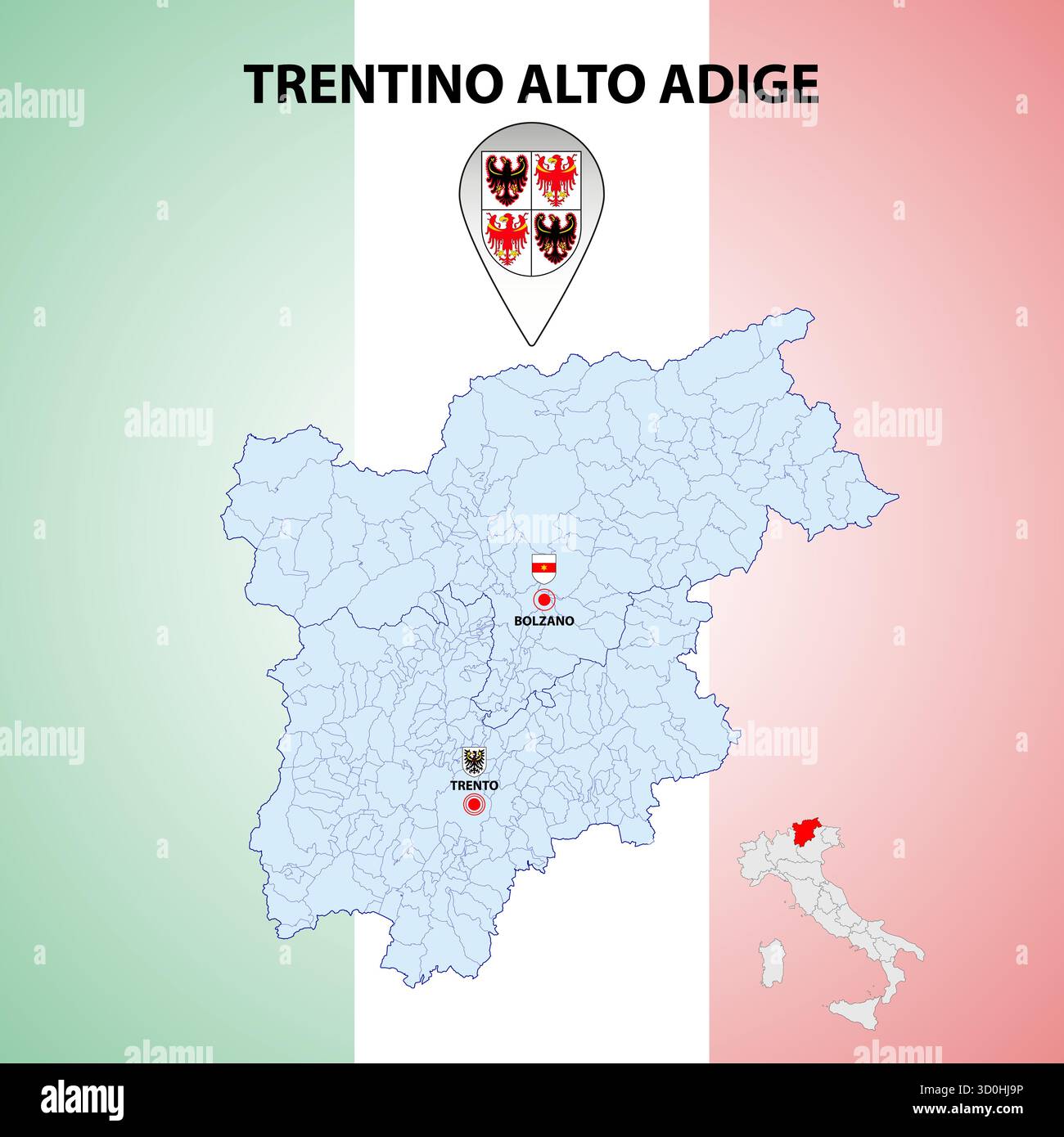 Trentino Südtirol, Italien, Regionalkarte und Symbole der Region und Städte, Vektorillustration Stock Vektor