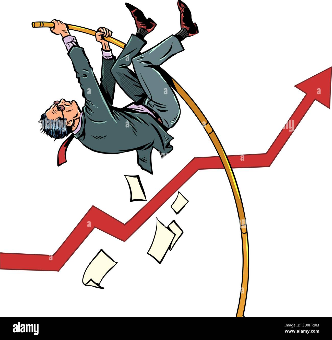 Der Geschäftsmann und die Charts steigen in die Höhe. Der Business Analyst erstellt eine erfolgreiche Prognose. Die Aktien des Unternehmens steigen. Pop Art Retro Vect Stock Vektor
