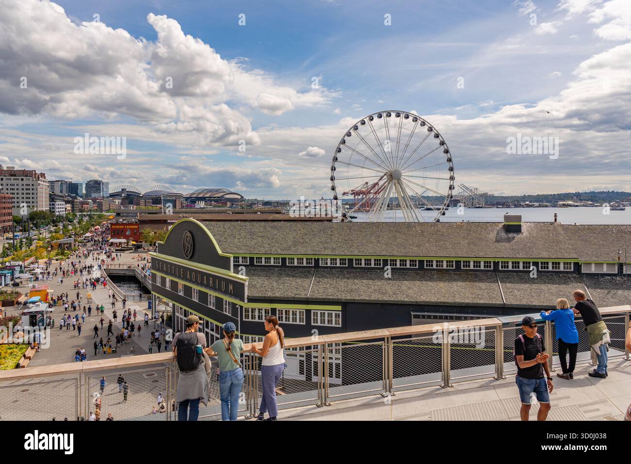 Seattle, WA, USA-17. August 2025: Die Skyline von Seattle mit Aquarium und Riesenrad befindet sich im pulsierenden, neu renovierten Hafenviertel der Stadt. Stockfoto